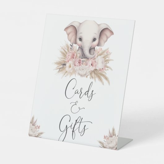 かわいい象ピンクのボホガールカードとギフト 台座サイン (正面)
