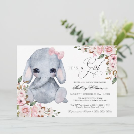 かわいい象ピンクのローズガールベビーシャワー招待 招待状 (スタンド正面)