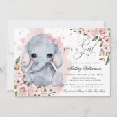 かわいい象ピンクのローズガールベビーシャワー 招待状 (正面)