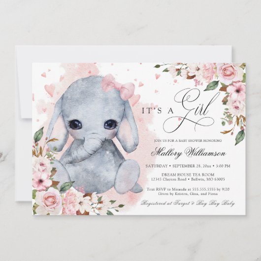 かわいい象ピンクのローズガールベビーシャワー 招待状 (正面)