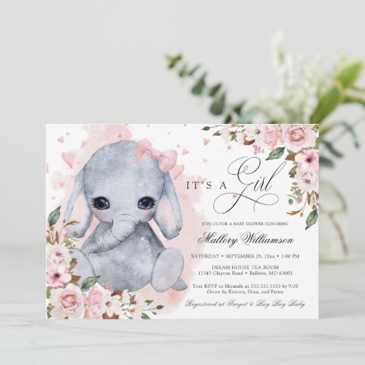 かわいい象ピンクのローズガールベビーシャワー 招待状 (スタンド正面)