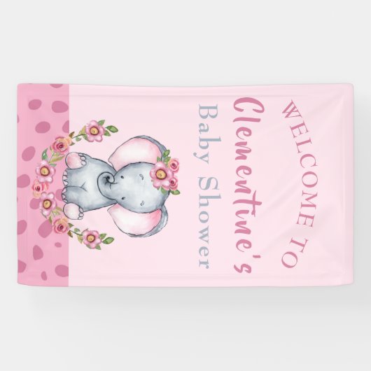 かわいい象ピンクの動物の赤ちゃんシャワーへようこそ 横断幕 (横)