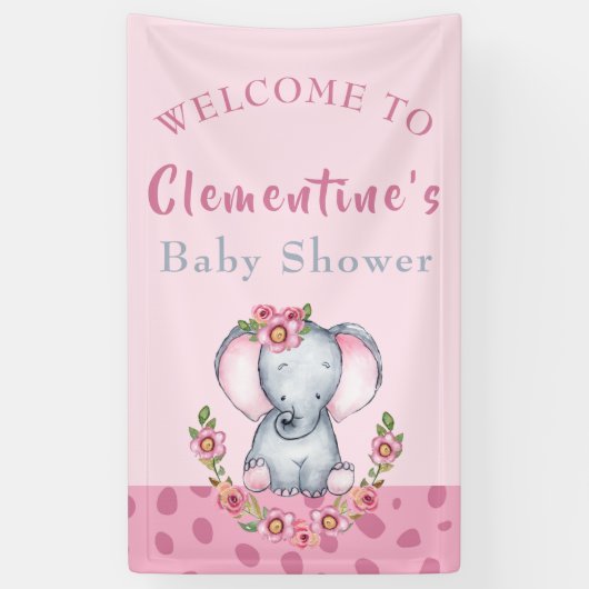 かわいい象ピンクの動物の赤ちゃんシャワーへようこそ 横断幕 (縦)
