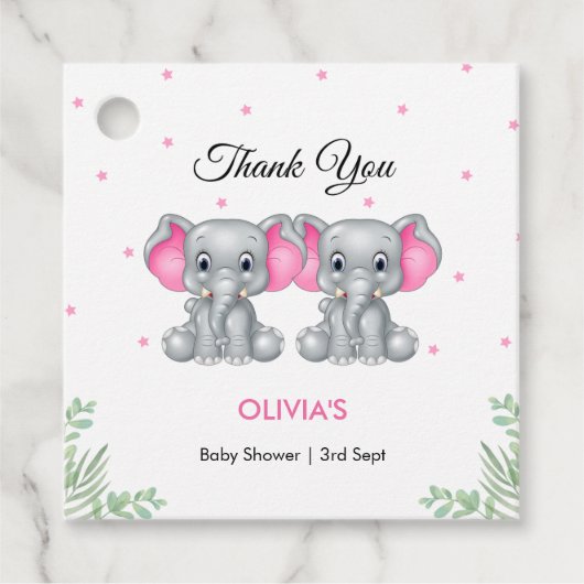 かわいい象ピンクの双子の女の子の赤ちゃんシャワー フェイバータグ (正面)