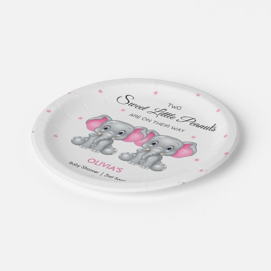 かわいい象ピンクの双子の女の子の赤ちゃんシャワー ペーパープレート (アングル)