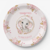 かわいい象ピンクの女の子フローラバラ1st誕生日 ペーパープレート (正面)