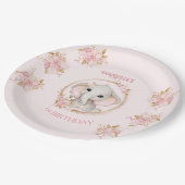 かわいい象ピンクの花バラ誕生日少女 ペーパープレート (アングル)