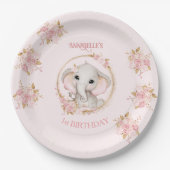 かわいい象ピンクの花バラ誕生日少女 ペーパープレート (正面)