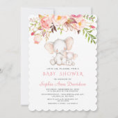 かわいい象ピンクの花女の子ベビーシャワー 招待状 (正面)