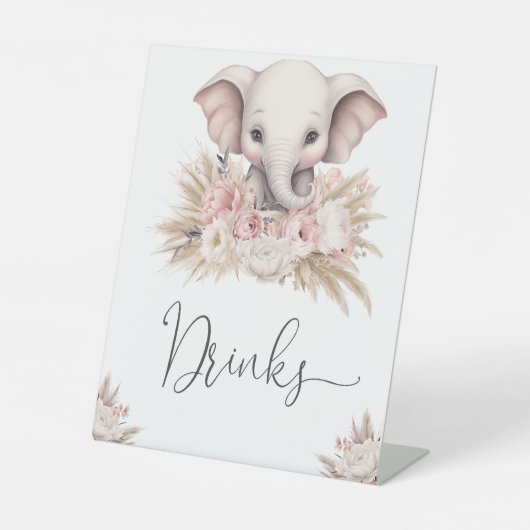 かわいい象ピンクぼう女の子ベビシャワードリンク 台座サイン (正面)