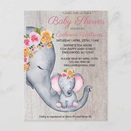 かわいい象ピンクフローラベビーシャワー招待状 ポストカード (正面)