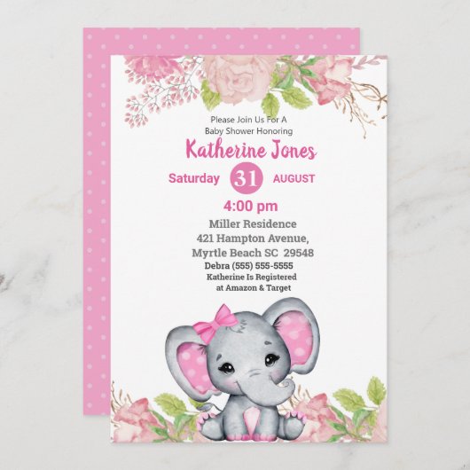 かわいい象ピンクフローラベビーシャワー招待状 招待状 (正面/裏面)