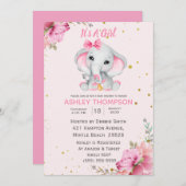かわいい象ピンクフローラベビーシャワー招待状 招待状 (正面/裏面)
