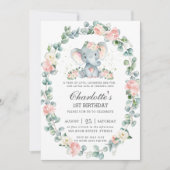 かわいい象ピンクフローラ緑1歳の誕生日 招待状 (正面)