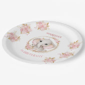 かわいい象ピンク白い花誕生日女の子 ペーパープレート (アングル)