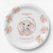 かわいい象ピンク白い花誕生日女の子 ペーパープレート (正面)