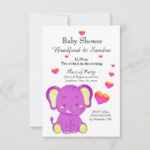 かわいい象ピンク紫のハート女の子ベビーシャワー 招待状 (正面)