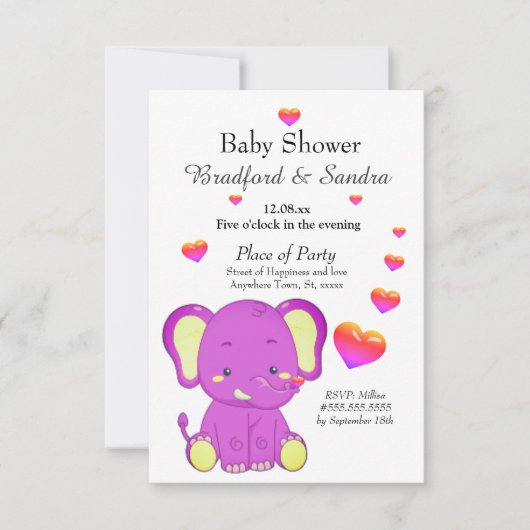 かわいい象ピンク紫のハート女の子ベビーシャワー 招待状 (正面)
