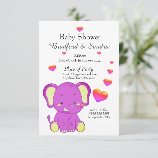 かわいい象ピンク紫のハート女の子ベビーシャワー 招待状 (スタンド正面)