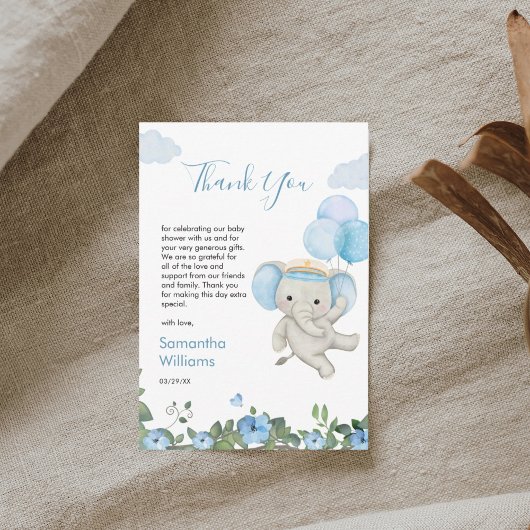 かわいい象ブルーバルーンフローラ赤ちゃんシャワー サンキューカード