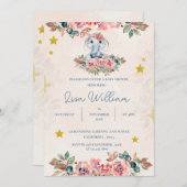 かわいい象ブルーピーチグリーンフローラ赤ちゃんシャワー 招待状 (正面/裏面)