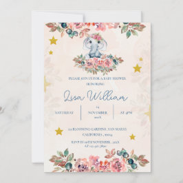 かわいい象ブルーピーチグリーンフローラ赤ちゃんシャワー 招待状
