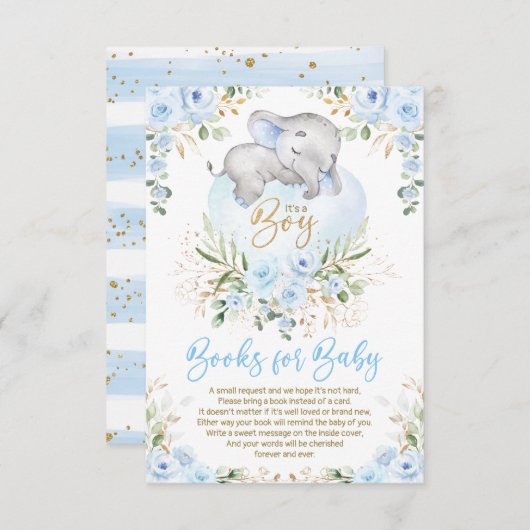 かわいい象ブルー金ゴールドフローラブック男の赤ちゃん エンクロージャーカード (正面/裏面)