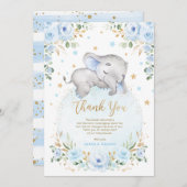 かわいい象ブルー金ゴールドムーンスターズ男の子ベイビーシャワー サンキューカード (正面/裏面)