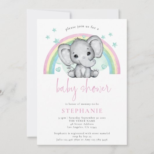 かわいい象レインボーピンク赤ちゃんシャワー 招待状 (正面)