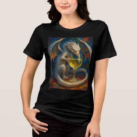 かわいい象牙のドラゴンと白ワインのファンタジーアート トライブレンドＴシャツ (正面)