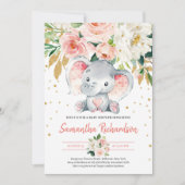 かわいい象素朴赤面ピンクフローラベビー 招待状 (正面)