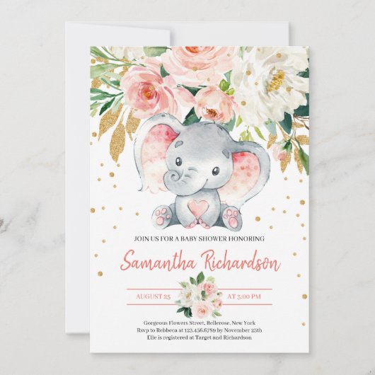 かわいい象素朴赤面ピンクフローラベビー 招待状 (正面)