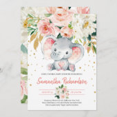 かわいい象素朴赤面ピンクフローラベビー 招待状 (正面/裏面)