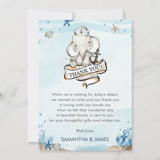 かわいい象航海の男の赤ちゃんシャワー サンキューカード (正面)
