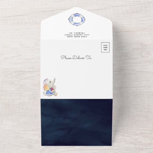 かわいい象航海の船海軍ブルーベビーシャワー オールインワン招待状 (外側)