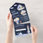 かわいい象航海の船海軍ブルーベビーシャワー オールインワン招待状 (貼ってはがせる)