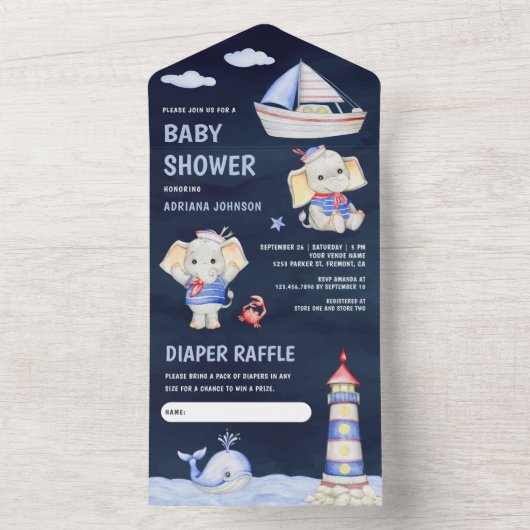 かわいい象航海の船海軍ブルーベビーシャワー オールインワン招待状 (内側)
