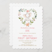 かわいい象赤面フローラハートガール1st誕生日 招待状 (正面/裏面)