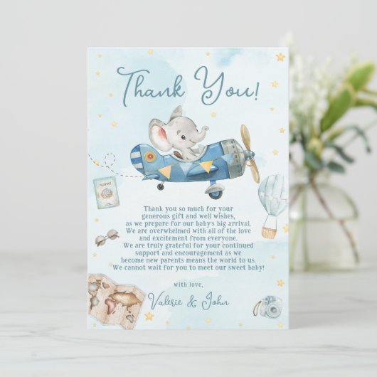 かわいい象飛行機アドベンチャーベビーシャワー誕生日 サンキューカード (スタンド正面)