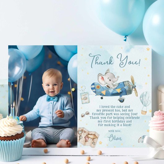 かわいい象飛行機アドベンチャー誕生日写真 サンキューカード