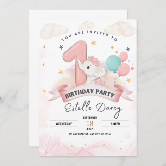 かわいい象1歳の誕生日パーティの招待状 招待状 (正面/裏面)