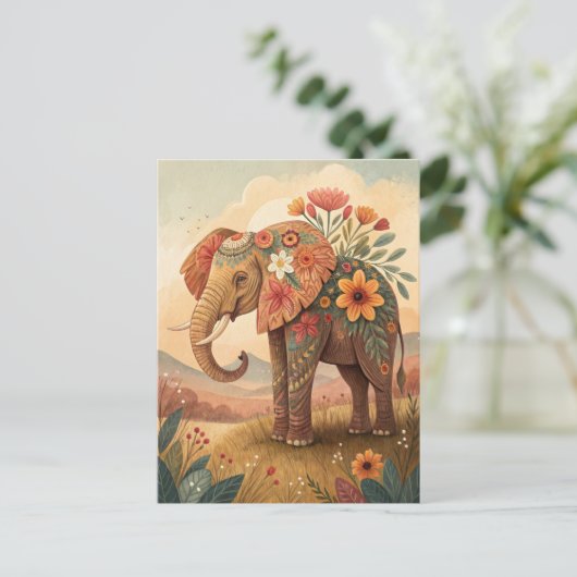 かわいい象 おめでとう 民俗芸術スタイル ポストカード (スタンド正面)