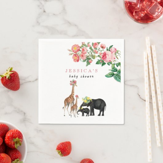 かわいい象&キリンフローラ赤ちゃんシャワーガール スタンダードカクテルナプキン (インサイチュ)