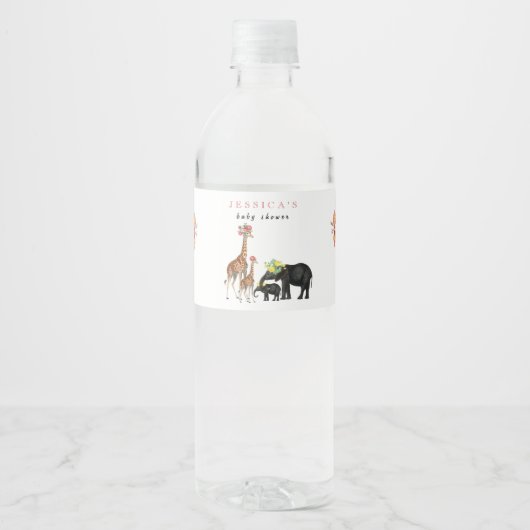 かわいい象&キリンフローラ赤ちゃんシャワーガール ペットボトルラベル (正面)