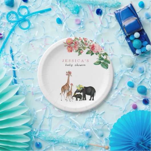 かわいい象&キリンフローラ赤ちゃんシャワーガール ペーパープレート (パーティー)