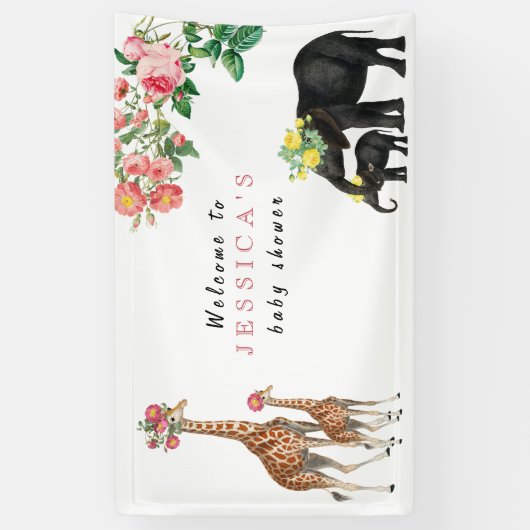 かわいい象&キリン赤ちゃんシャワー歓迎サイン 横断幕 (縦)