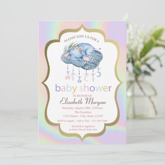 かわいい象、フローラ、ホログラフィックベビーシャワー 招待状 (スタンド正面)