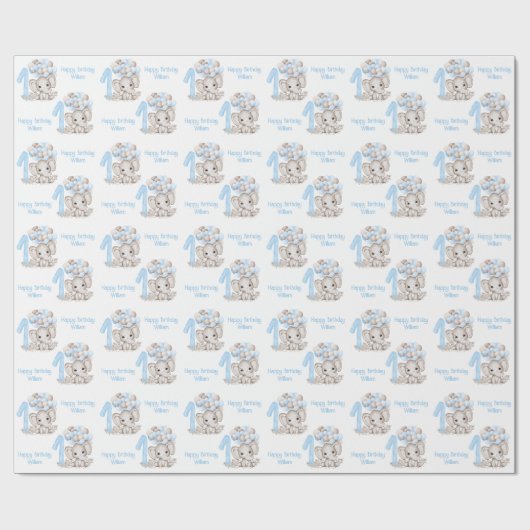 かわいい象 |男の子の青(1歳パーソナライズされた) ラッピングペーパー (フラット)