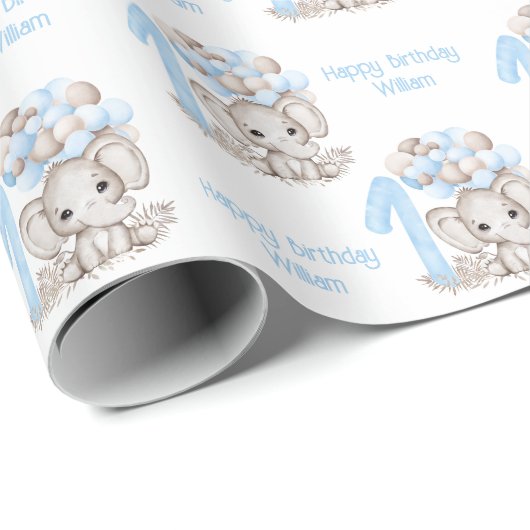 かわいい象 |男の子の青(1歳パーソナライズされた) ラッピングペーパー (ロールコーナー)