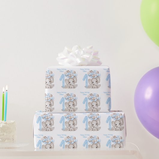 かわいい象 |男の子の青(1歳パーソナライズされた) ラッピングペーパー (パーティーギフト)